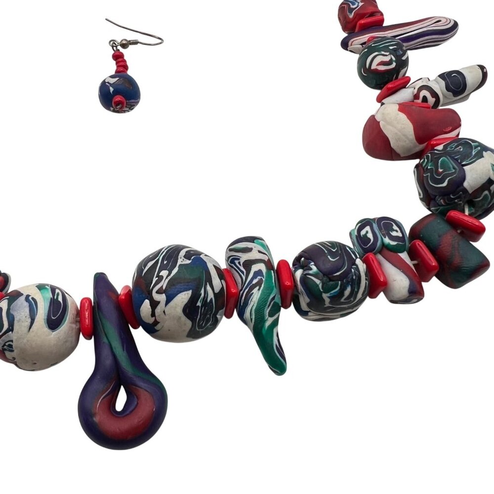 Vintage Handmade Polymer Clay Necklace Sterling Silver Clasp 24" Red Blue Art - Picture 12 of 16